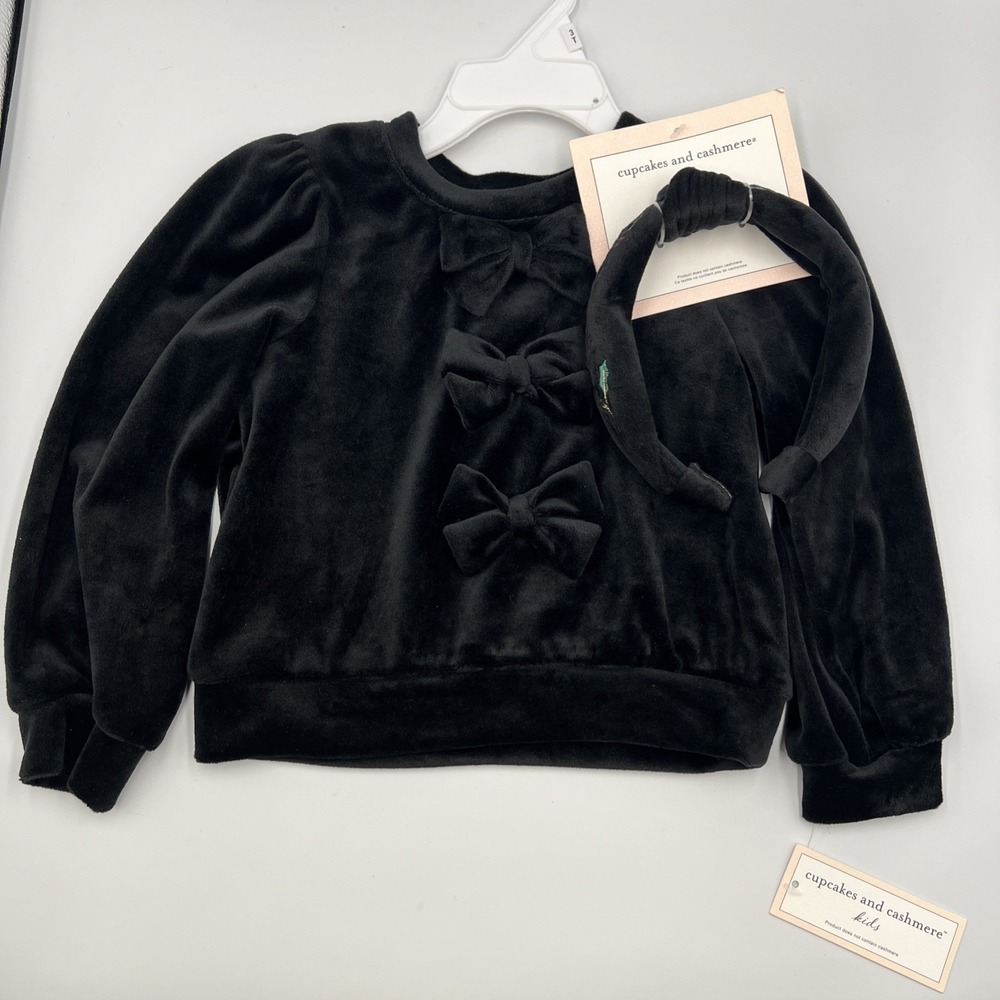Cupcakes And Cashmere Girls Black Velour Long Sleeve Shirt & Matching Hairband